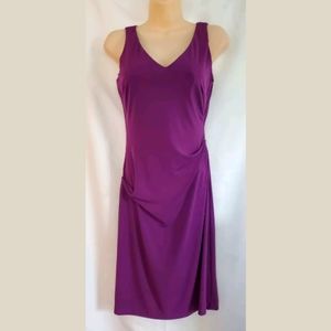 Nicole Miller Purple V Neck Stretch Jersey Dress Side Tucks w Side Zipper Size 4